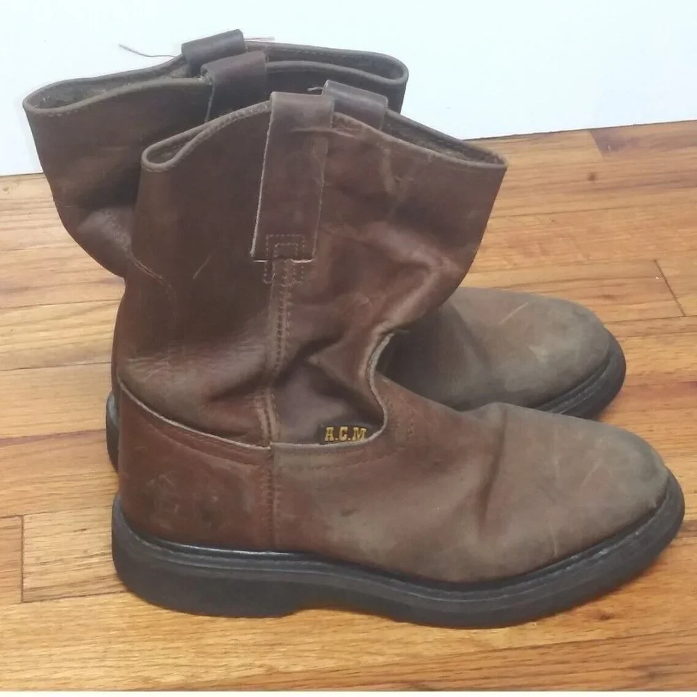 VTG ACM industrial work boots Brown Mens Sz 7 COWHIDE LEATHER Stitched WELT EUC